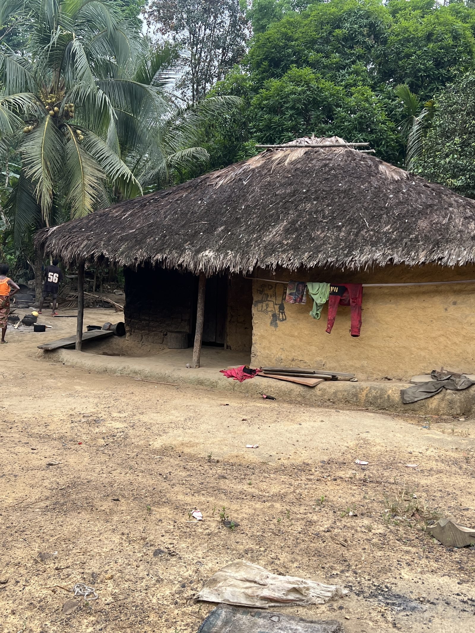 A thatched-roof home in the Grand Bassa community, Liberia